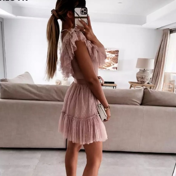 Pink Blush Ruffle Tulle Elegant Pleated Dress - Picture 4 of 16